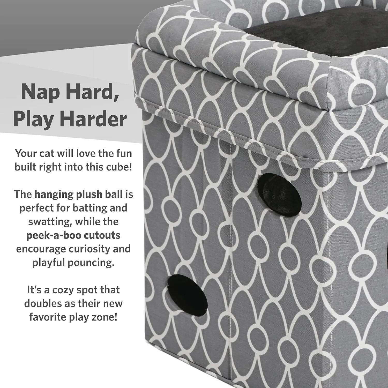 MidWest Homes for Pets Cat Cube Cozy Cat House/Cat Condo in Fashionable Gray Geo Print 15.5L x 15.5W x 16.5H Inches