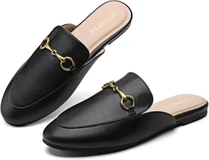 Minorsu Women's Black Animal Print Buckle Mules - Memory Foam Insole - Low Heel - Casual Mule Shoes