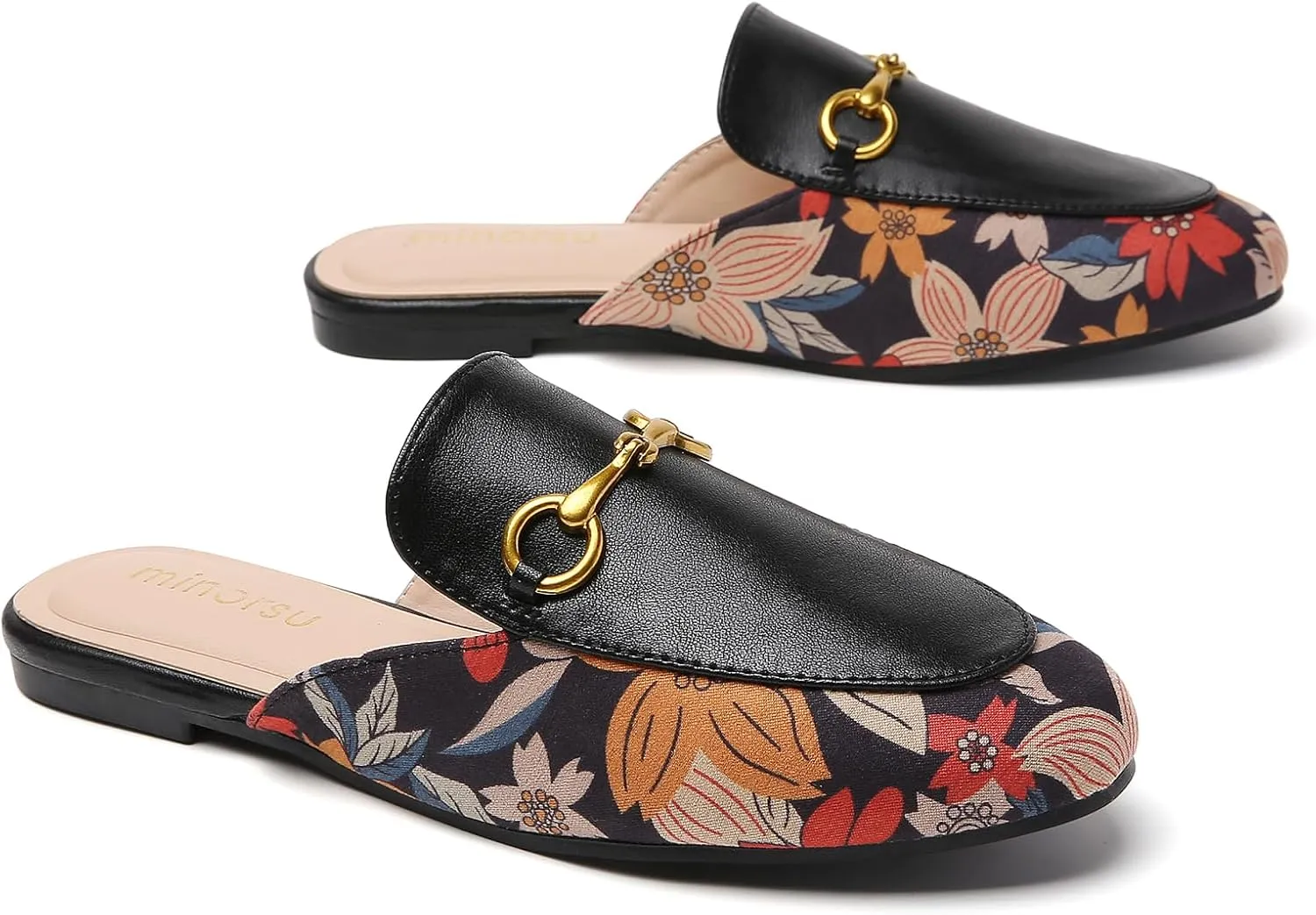 Minorsu Women's Black Animal Print Buckle Mules - Memory Foam Insole - Low Heel - Casual Mule Shoes