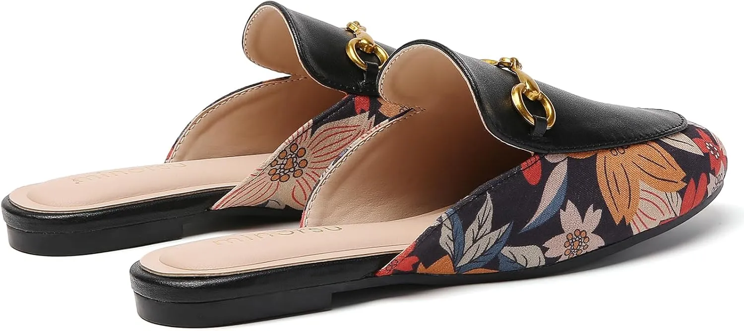 Minorsu Women's Black Animal Print Buckle Mules - Memory Foam Insole - Low Heel - Casual Mule Shoes