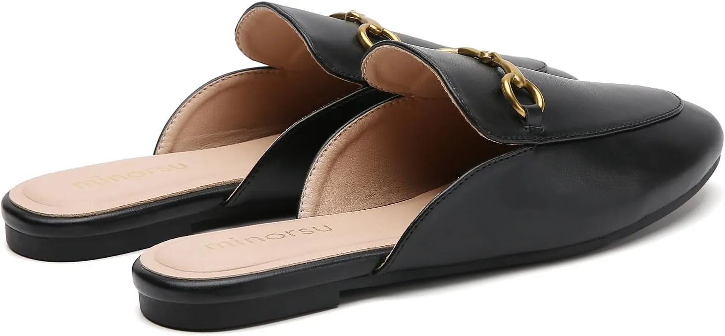Minorsu Women's Black Animal Print Buckle Mules - Memory Foam Insole - Low Heel - Casual Mule Shoes