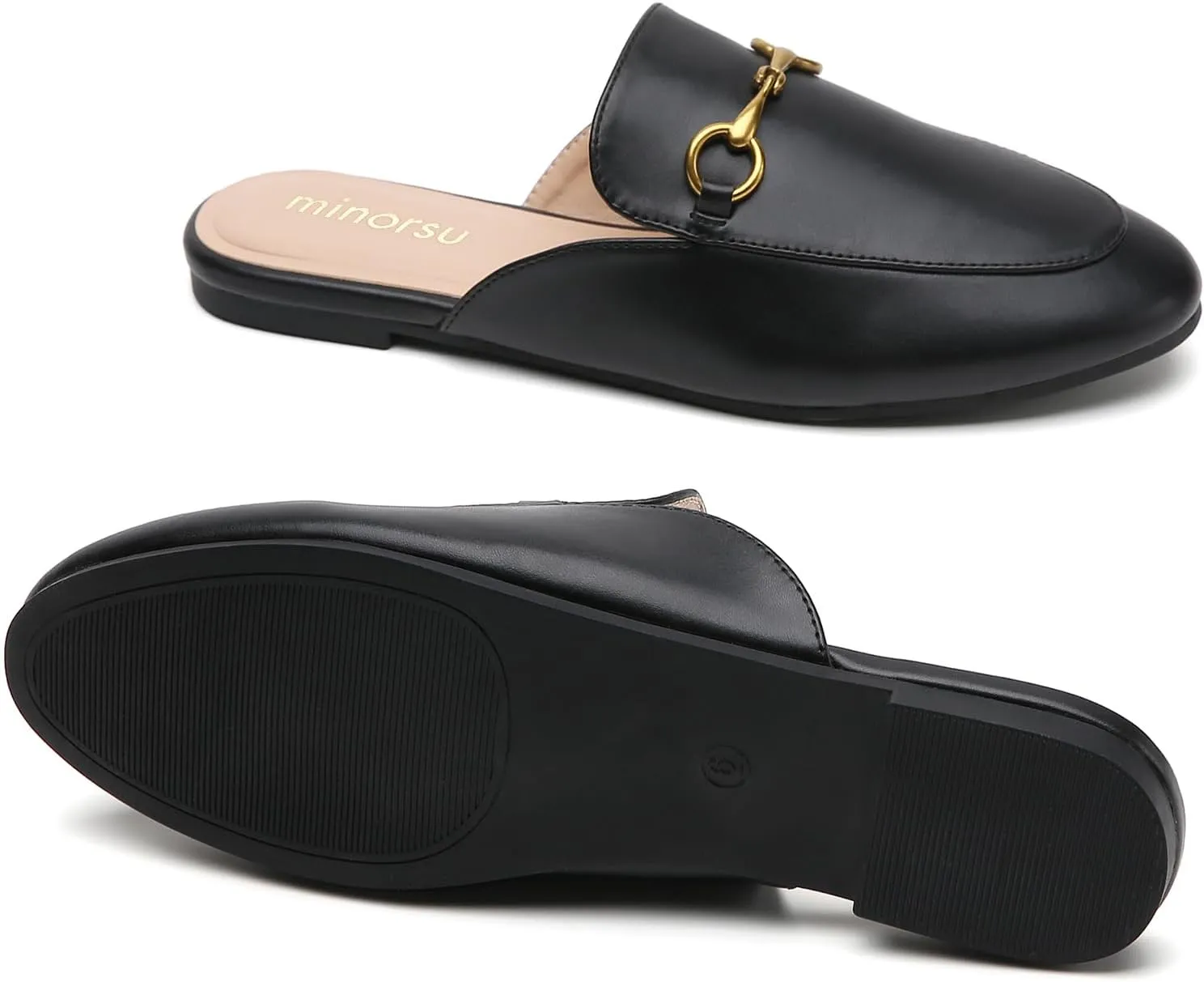 Minorsu Women's Black Animal Print Buckle Mules - Memory Foam Insole - Low Heel - Casual Mule Shoes