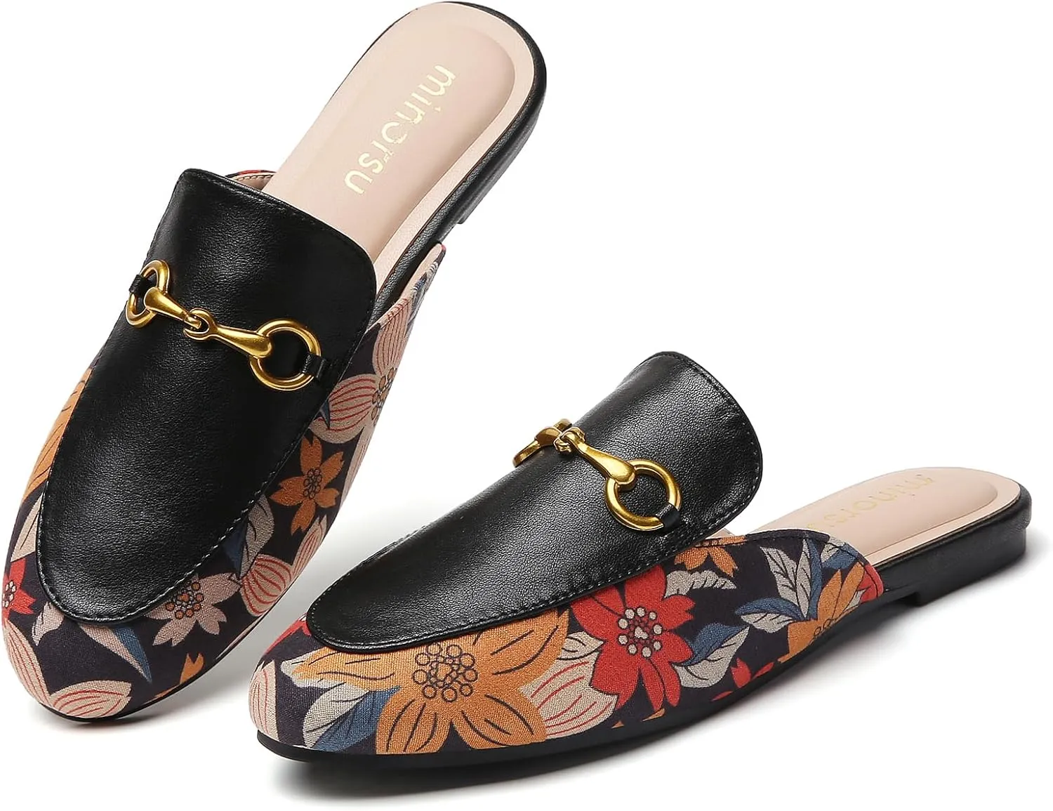 Minorsu Women's Black Animal Print Buckle Mules - Memory Foam Insole - Low Heel - Casual Mule Shoes