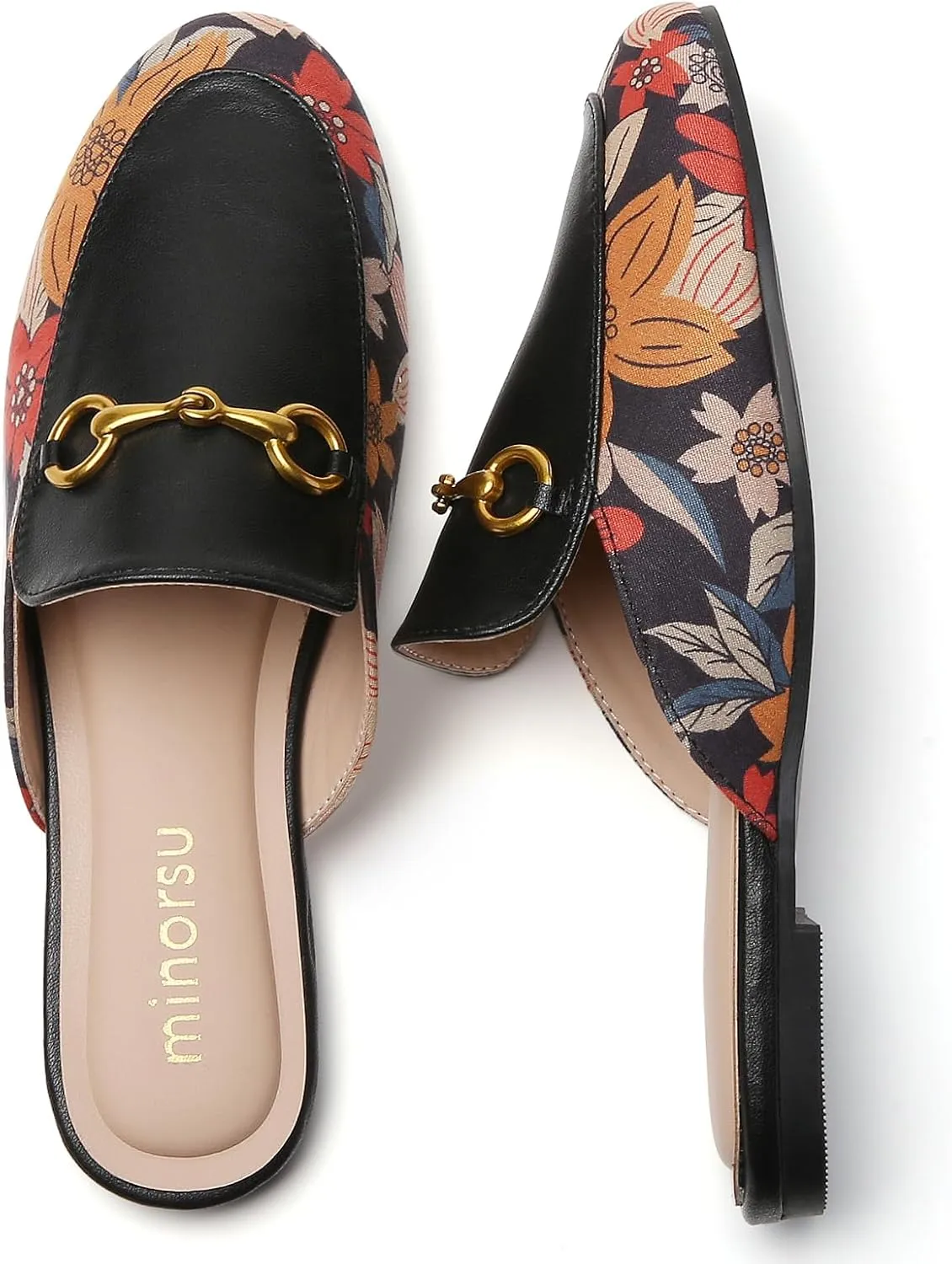 Minorsu Women's Black Animal Print Buckle Mules - Memory Foam Insole - Low Heel - Casual Mule Shoes