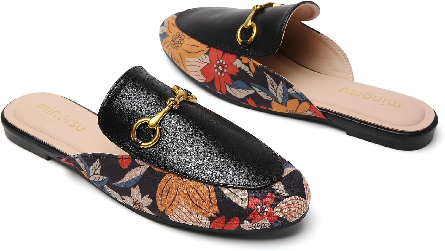 Minorsu Women's Black Animal Print Buckle Mules - Memory Foam Insole - Low Heel - Casual Mule Shoes