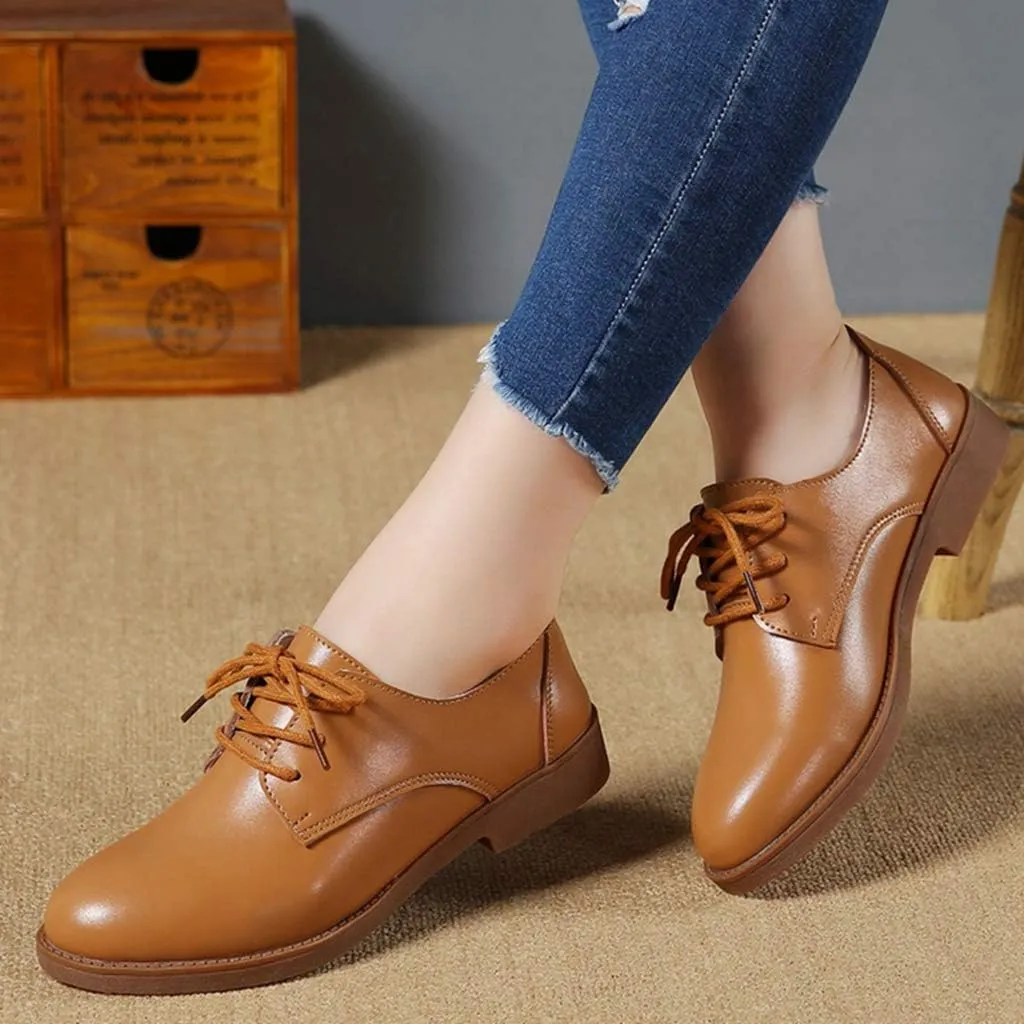 MIOKE Women's Casual Flat Saddle Oxford Shoes Lace Up Round Toe Low Heel Vintage School Oxfords Brogues
