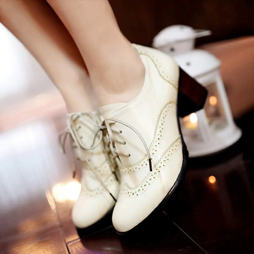 MIOKE Women's Chunky Block Mid Heel Oxford Pumps Wingtip Perforated Lace Up Vintage Brogues Dress Shoes