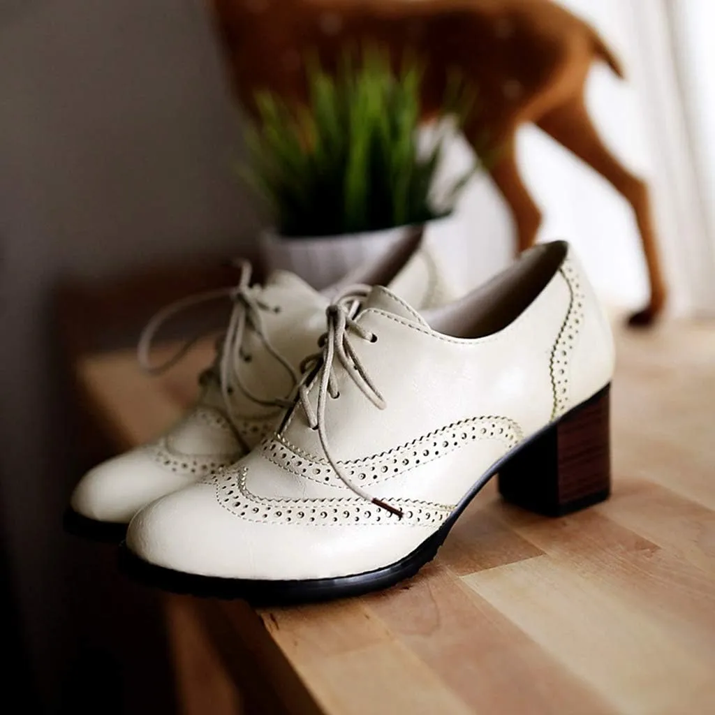 MIOKE Women's Chunky Block Mid Heel Oxford Pumps Wingtip Perforated Lace Up Vintage Brogues Dress Shoes