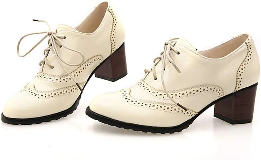 MIOKE Women's Chunky Block Mid Heel Oxford Pumps Wingtip Perforated Lace Up Vintage Brogues Dress Shoes