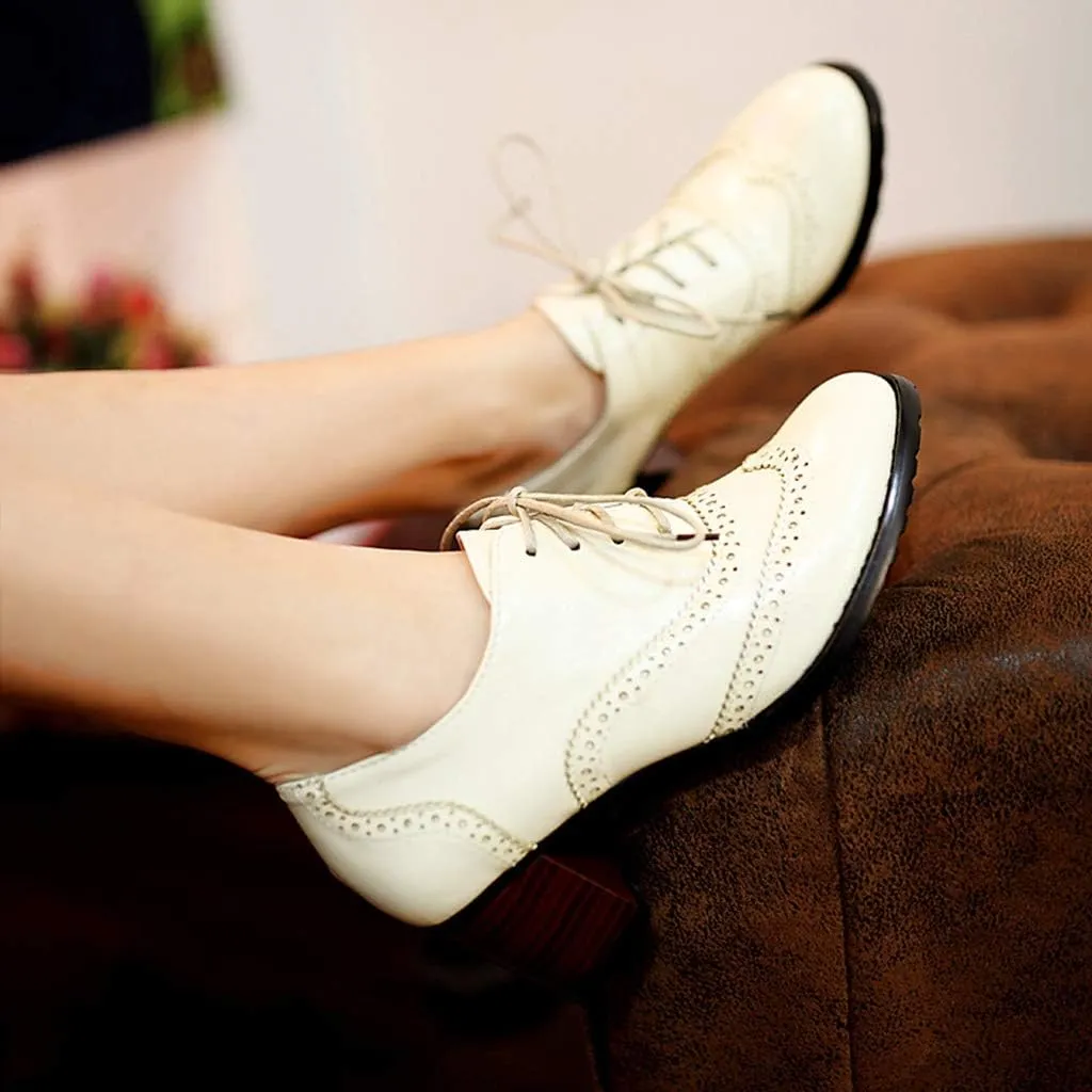 MIOKE Women's Chunky Block Mid Heel Oxford Pumps Wingtip Perforated Lace Up Vintage Brogues Dress Shoes