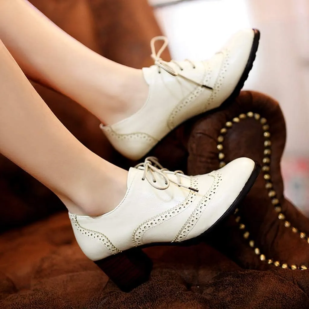 MIOKE Women's Chunky Block Mid Heel Oxford Pumps Wingtip Perforated Lace Up Vintage Brogues Dress Shoes