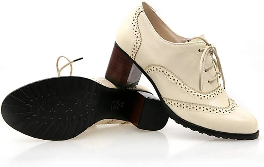 MIOKE Women's Chunky Block Mid Heel Oxford Pumps Wingtip Perforated Lace Up Vintage Brogues Dress Shoes