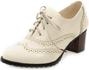 MIOKE Women's Chunky Block Mid Heel Oxford Pumps Wingtip Perforated Lace Up Vintage Brogues Dress Shoes