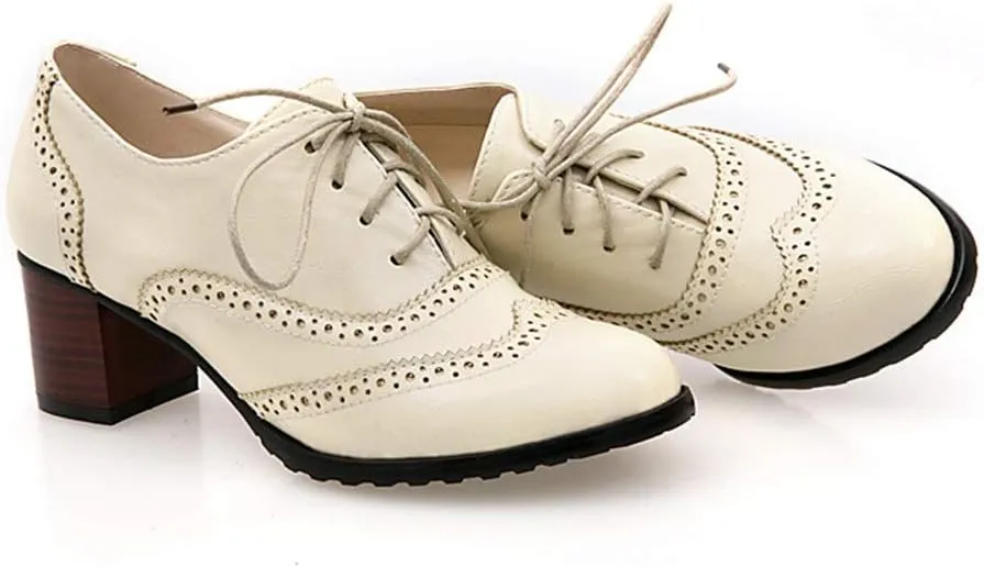 MIOKE Women's Chunky Block Mid Heel Oxford Pumps Wingtip Perforated Lace Up Vintage Brogues Dress Shoes