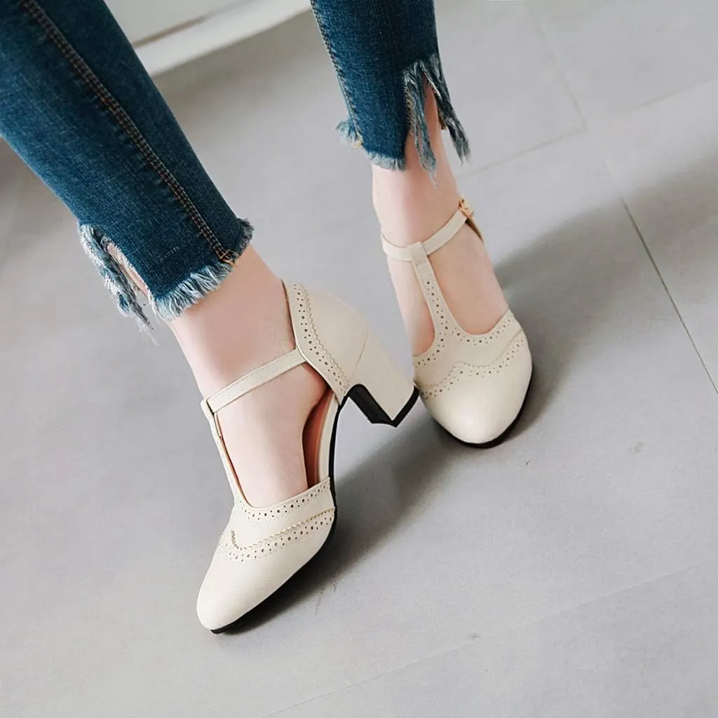 MIOKE Women's Retro T-Strap Mary Jane Pumps Round Toe Perforated Block Heel Vintage Brogue Oxford Shoes