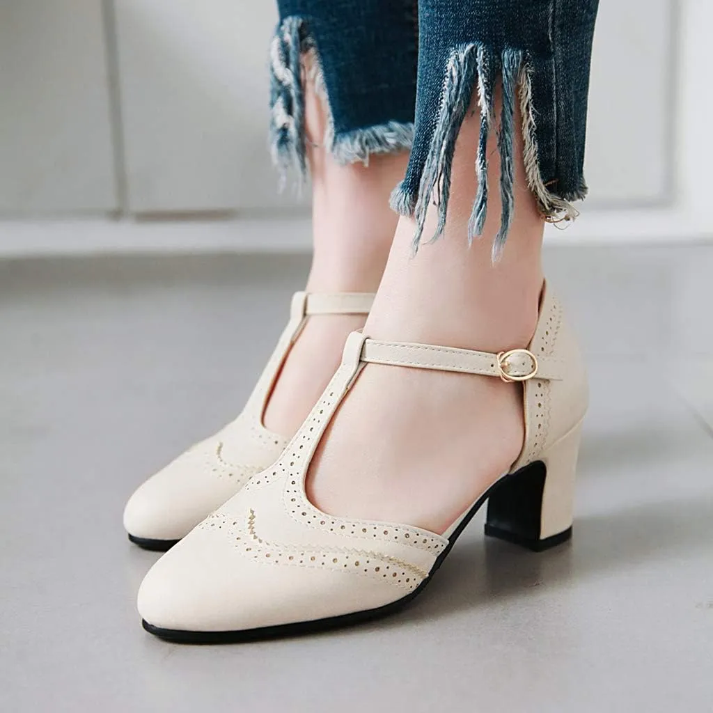 MIOKE Women's Retro T-Strap Mary Jane Pumps Round Toe Perforated Block Heel Vintage Brogue Oxford Shoes
