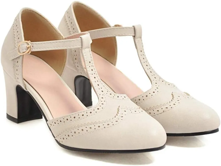 MIOKE Women's Retro T-Strap Mary Jane Pumps Round Toe Perforated Block Heel Vintage Brogue Oxford Shoes