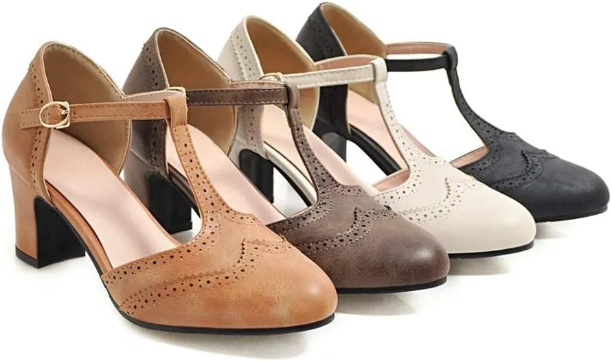 MIOKE Women's Retro T-Strap Mary Jane Pumps Round Toe Perforated Block Heel Vintage Brogue Oxford Shoes