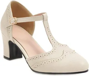 MIOKE Women's Retro T-Strap Mary Jane Pumps Round Toe Perforated Block Heel Vintage Brogue Oxford Shoes