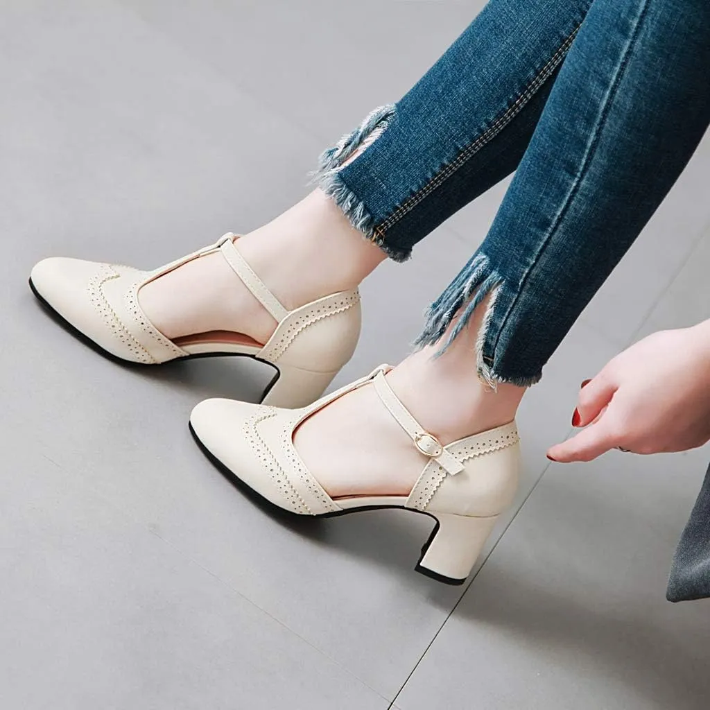 MIOKE Women's Retro T-Strap Mary Jane Pumps Round Toe Perforated Block Heel Vintage Brogue Oxford Shoes