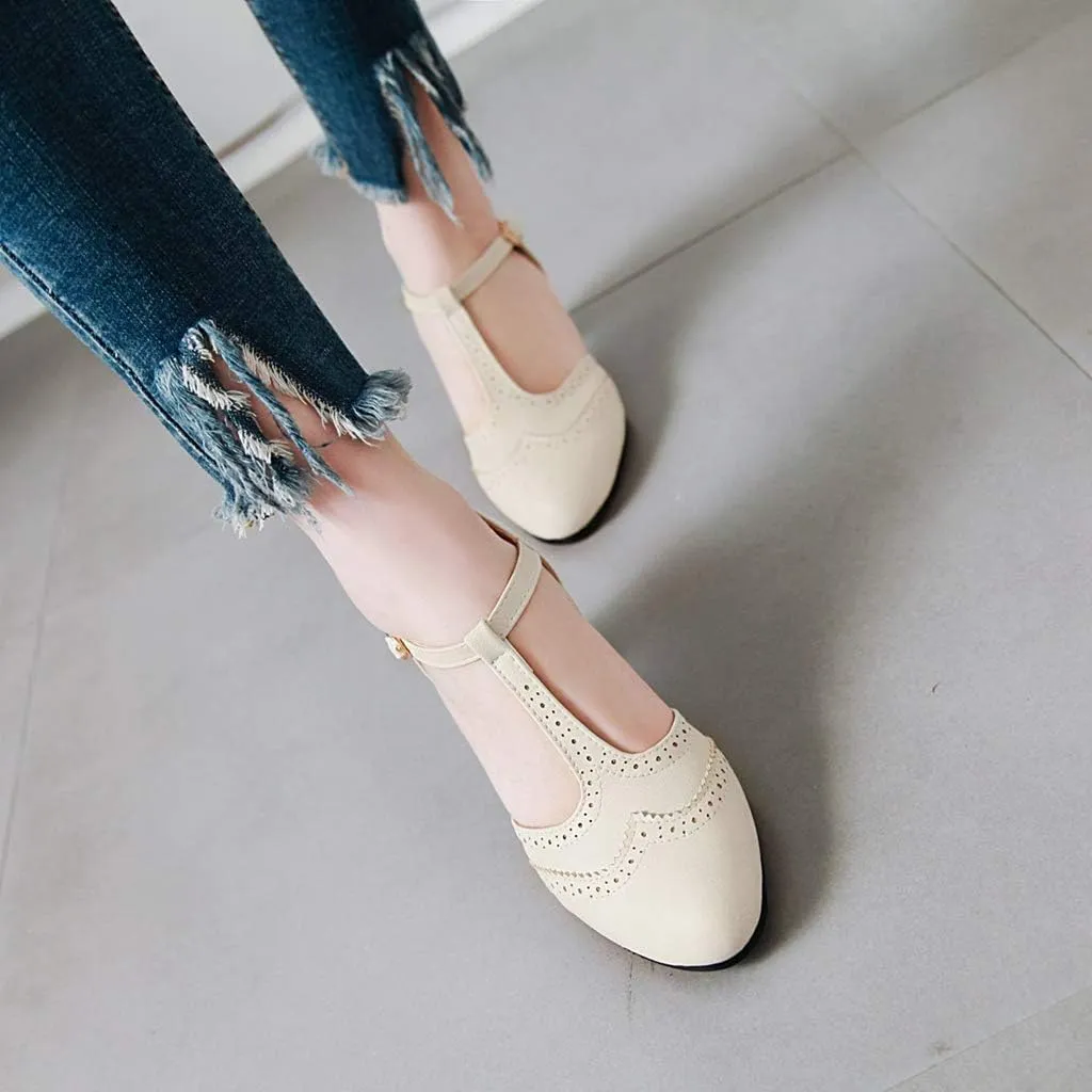 MIOKE Women's Retro T-Strap Mary Jane Pumps Round Toe Perforated Block Heel Vintage Brogue Oxford Shoes