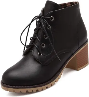 MIOKE Women's Round Toe Lace Up Dressy Ankle Boots Vintage Platform Chunky Heel Dressy Oxford Short Booties