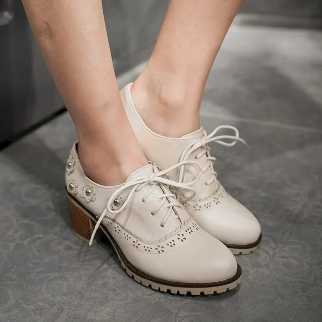 MIOKE Women's Round Toe Lace Up Pump Oxfords Vintage Two Tone Wingtip Chunky High Heel Brogues Dress Shoes