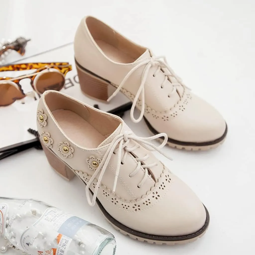 MIOKE Women's Round Toe Lace Up Pump Oxfords Vintage Two Tone Wingtip Chunky High Heel Brogues Dress Shoes