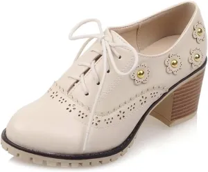 MIOKE Women's Round Toe Lace Up Pump Oxfords Vintage Two Tone Wingtip Chunky High Heel Brogues Dress Shoes