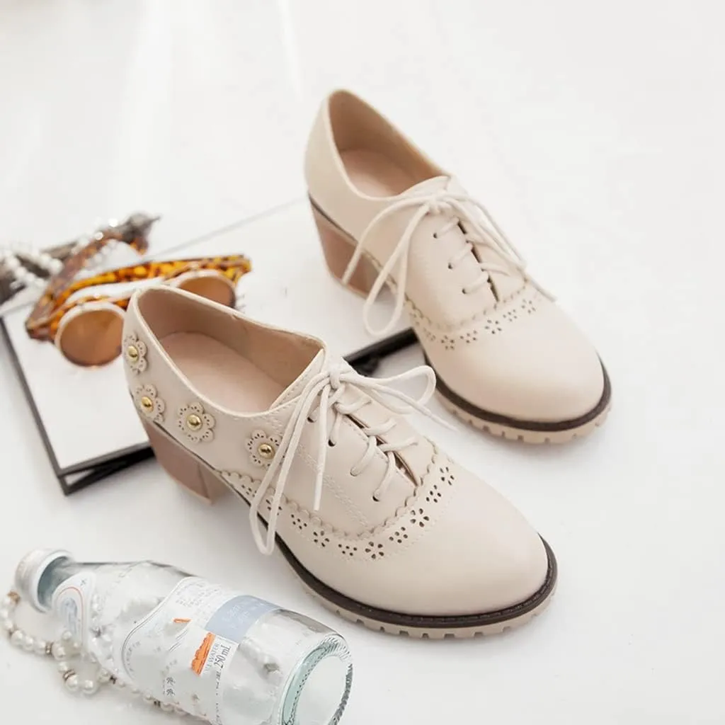 MIOKE Women's Round Toe Lace Up Pump Oxfords Vintage Two Tone Wingtip Chunky High Heel Brogues Dress Shoes