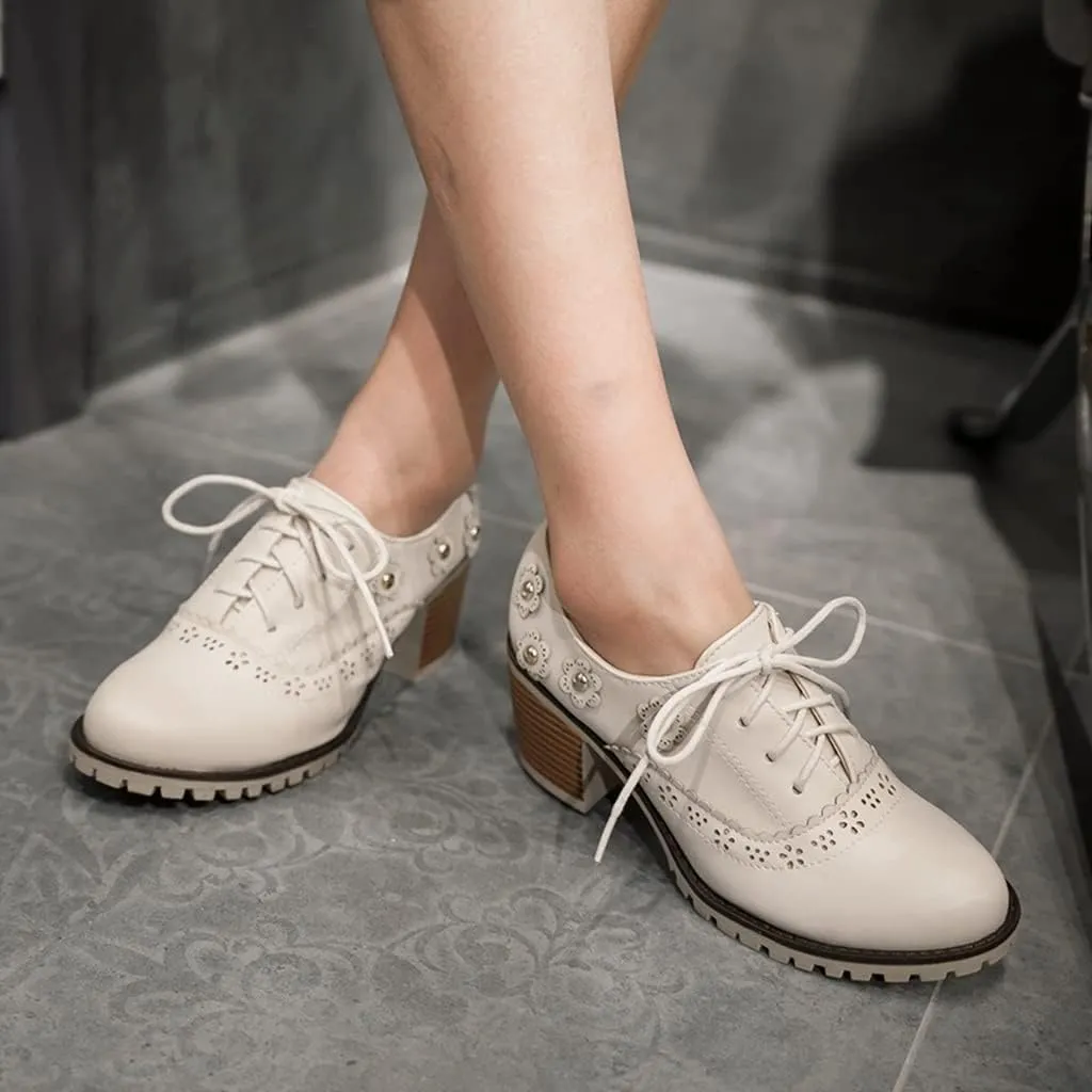 MIOKE Women's Round Toe Lace Up Pump Oxfords Vintage Two Tone Wingtip Chunky High Heel Brogues Dress Shoes