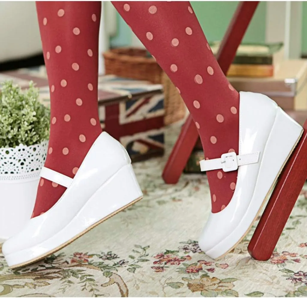 MIOKE Women's Round Toe Mary Jane Wedge Pumps Patent Leather Buckle Strap Chunky Mid Heel Retro Dress Shoes