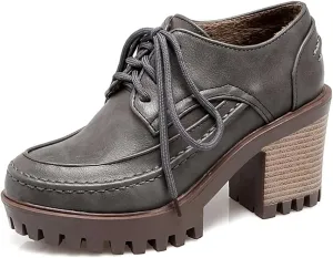 MIOKE Women's Round Toe Platform Oxford Pumps Lace Up Vintage Brogues Comfort Chunky High Heel Dress Shoes