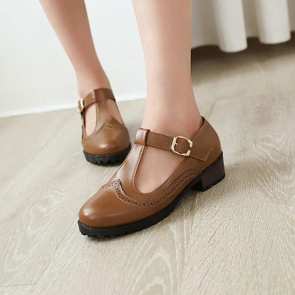 MIOKE Women's Round Toe Platform T-Strap Oxford Pumps Chunky Mid Heel Vintage Brogue Mary Jane Dress Shoes