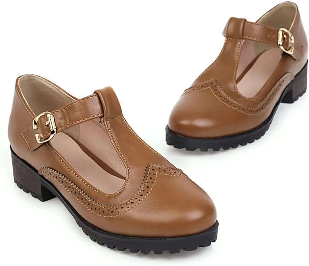 MIOKE Women's Round Toe Platform T-Strap Oxford Pumps Chunky Mid Heel Vintage Brogue Mary Jane Dress Shoes