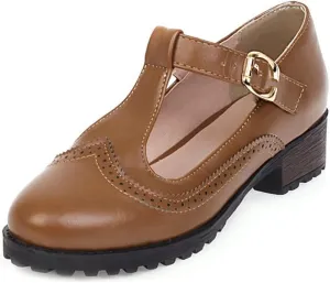 MIOKE Women's Round Toe Platform T-Strap Oxford Pumps Chunky Mid Heel Vintage Brogue Mary Jane Dress Shoes