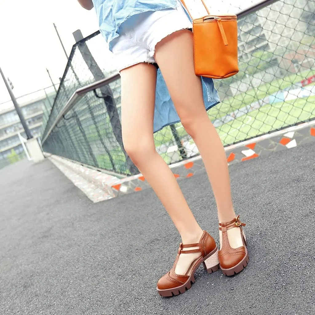 MIOKE Women's T-Strap Mary Jane Pumps Retro Round Toe Platform Chunky Heel Brogue Vintage Oxford Shoes