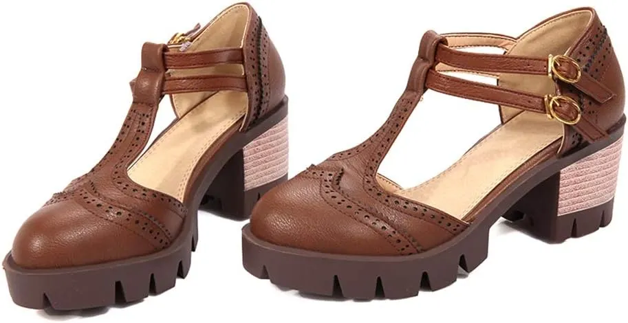 MIOKE Women's T-Strap Mary Jane Pumps Retro Round Toe Platform Chunky Heel Brogue Vintage Oxford Shoes