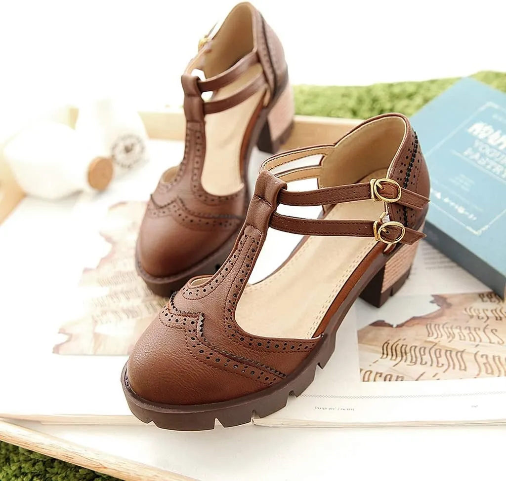 MIOKE Women's T-Strap Mary Jane Pumps Retro Round Toe Platform Chunky Heel Brogue Vintage Oxford Shoes