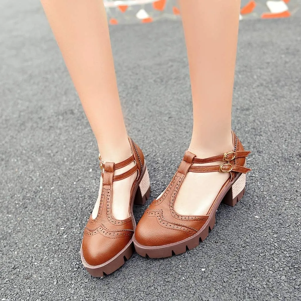 MIOKE Women's T-Strap Mary Jane Pumps Retro Round Toe Platform Chunky Heel Brogue Vintage Oxford Shoes