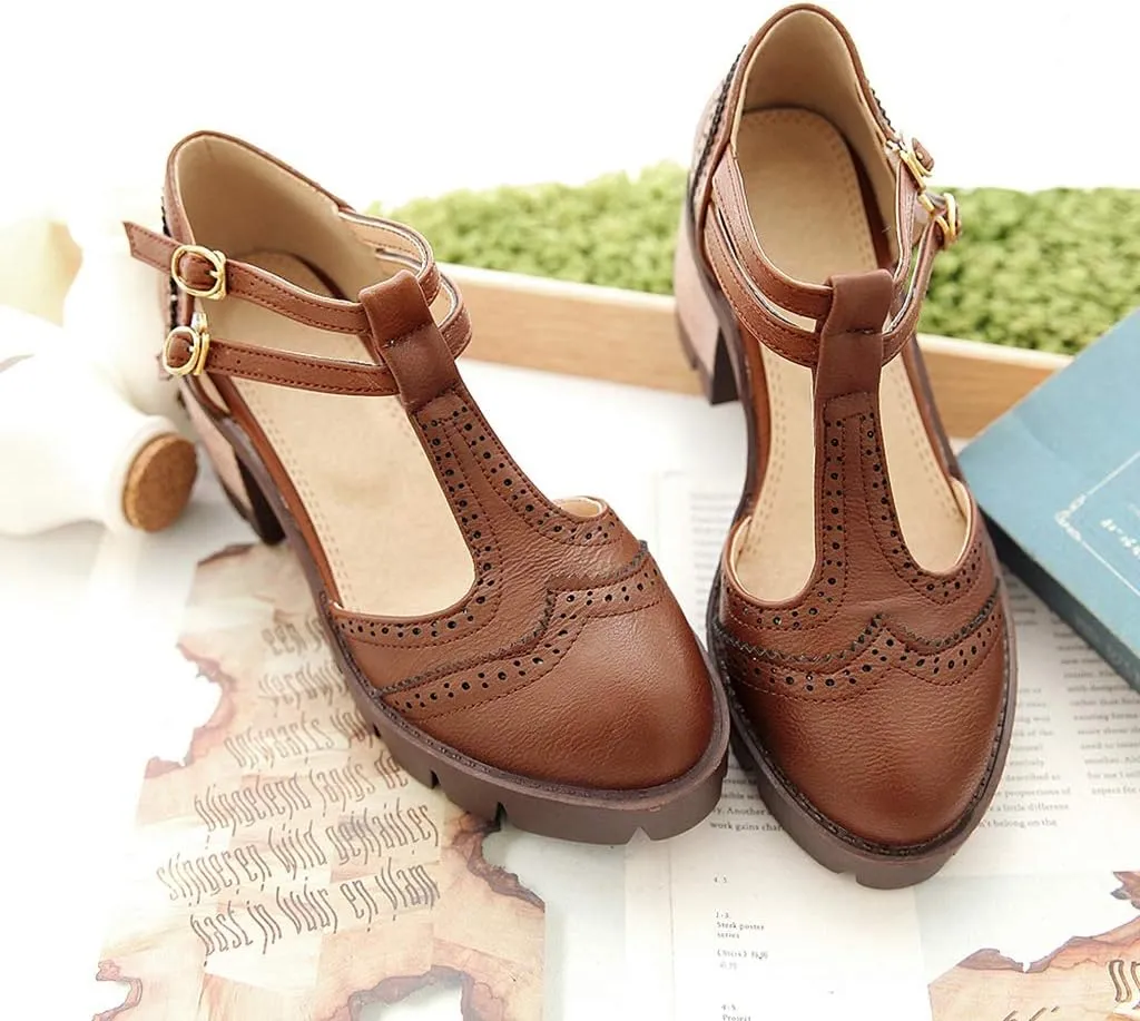 MIOKE Women's T-Strap Mary Jane Pumps Retro Round Toe Platform Chunky Heel Brogue Vintage Oxford Shoes