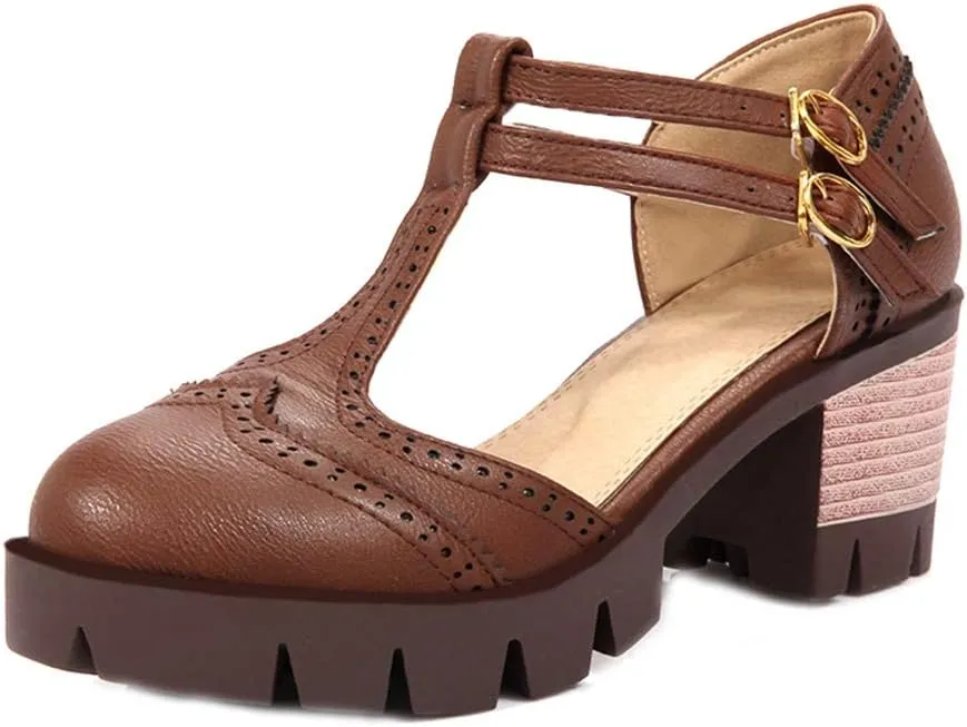 MIOKE Women's T-Strap Mary Jane Pumps Retro Round Toe Platform Chunky Heel Brogue Vintage Oxford Shoes