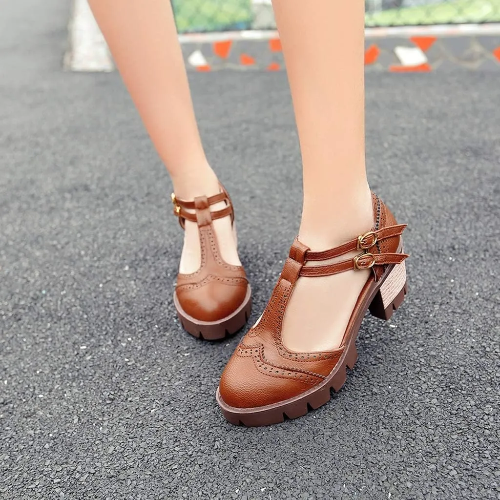 MIOKE Women's T-Strap Mary Jane Pumps Retro Round Toe Platform Chunky Heel Brogue Vintage Oxford Shoes