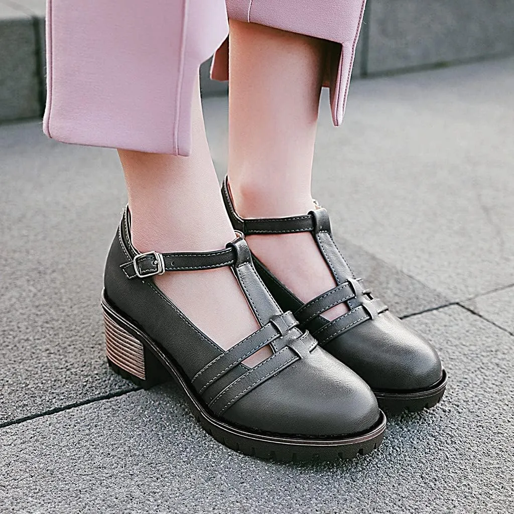 MIOKE Women's T-Strap Mary Jane Pumps Round Toe Chunky Mid Heel Platform Vintage Brogue Dress Oxford Shoes