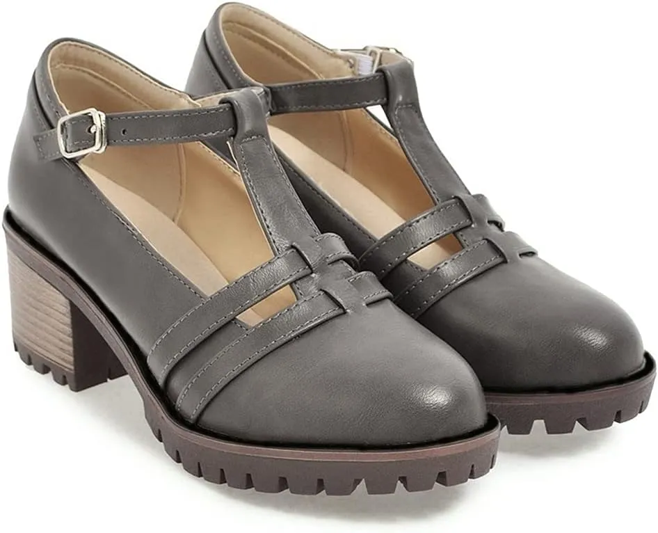 MIOKE Women's T-Strap Mary Jane Pumps Round Toe Chunky Mid Heel Platform Vintage Brogue Dress Oxford Shoes