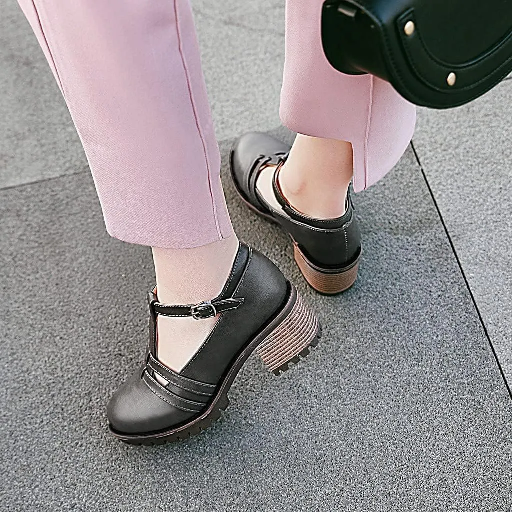 MIOKE Women's T-Strap Mary Jane Pumps Round Toe Chunky Mid Heel Platform Vintage Brogue Dress Oxford Shoes