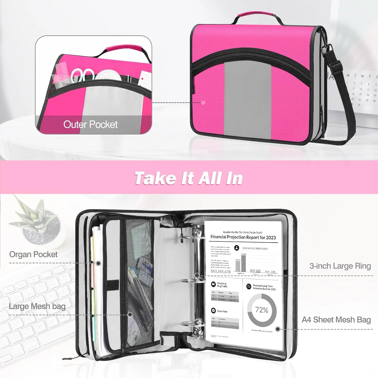 MoKo Zipper Binder, 3 inch 3 Ring Binder with Zipper, 600 Sheet Capacity Oxford Cloth Multi-Pocket School Binder Organizer, Handle and Shoulder Strap Included, Magenta Gray