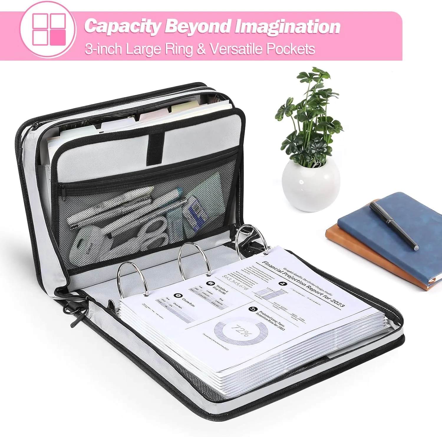 MoKo Zipper Binder, 3 inch 3 Ring Binder with Zipper, 600 Sheet Capacity Oxford Cloth Multi-Pocket School Binder Organizer, Handle and Shoulder Strap Included, Magenta Gray