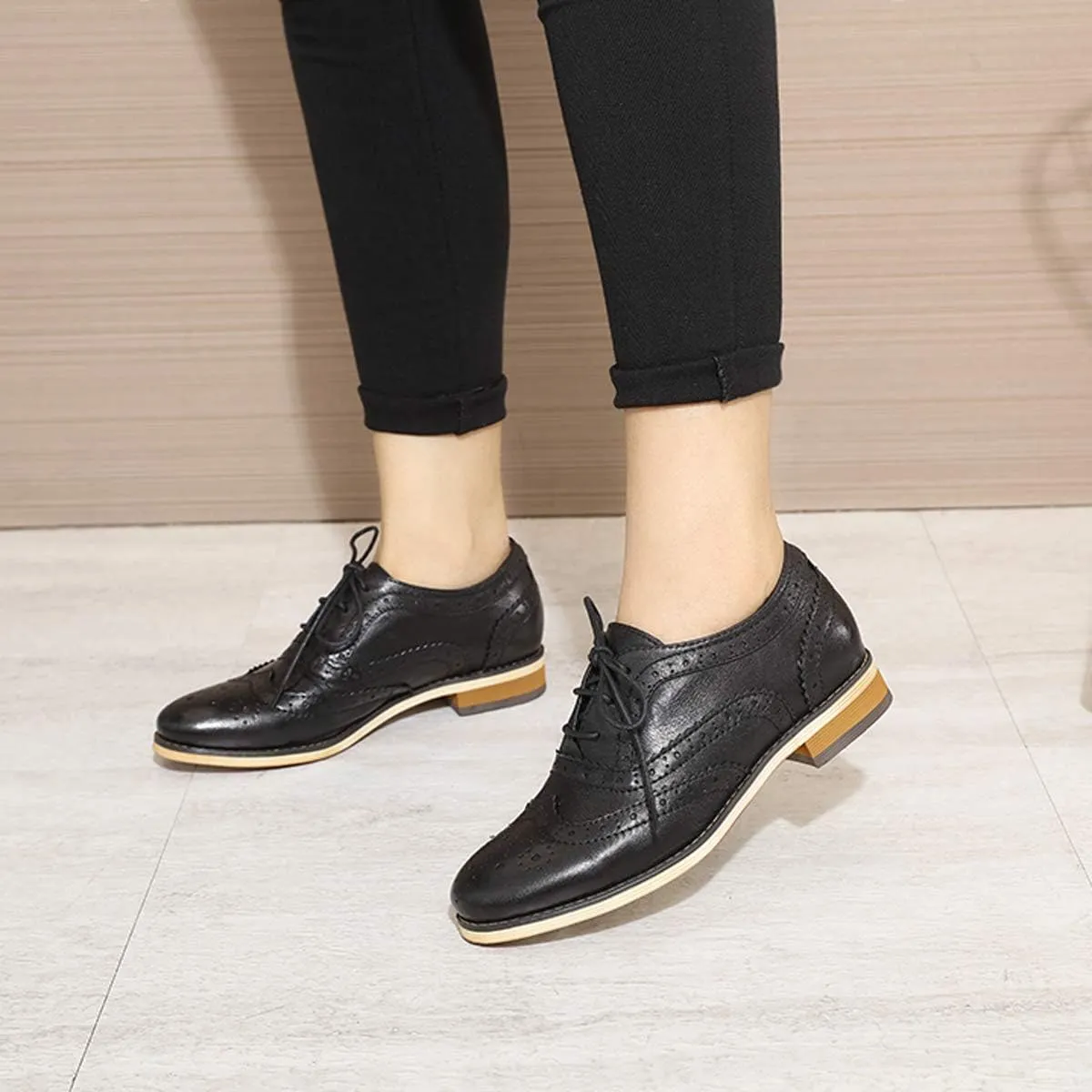 Mona flying Womens Handcrafted Comfy Wingtip Oxfords Brogue Ladies Lace up Leather Shoes