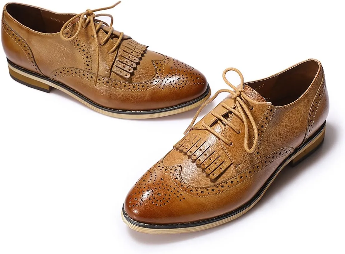 Mona flying Women's Handcrafted Wingtip Oxfords Brogue Vintage Lace up Leather Shoes for Ladies